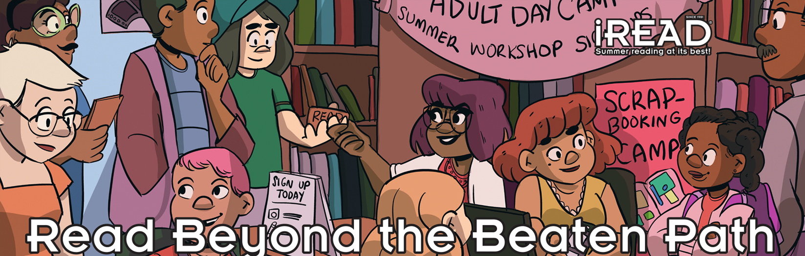 A diverse group of people in a library, behind the text "Read Beyond the Beaten Path", 