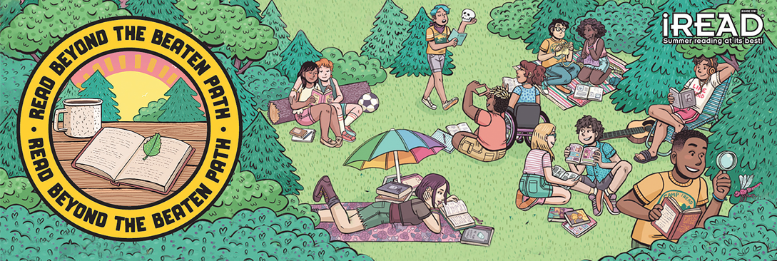 A banner showing a group of young people relaxing in a clearing between evergreens. A round badge has a book on a wooden table and is surrounded by the words 