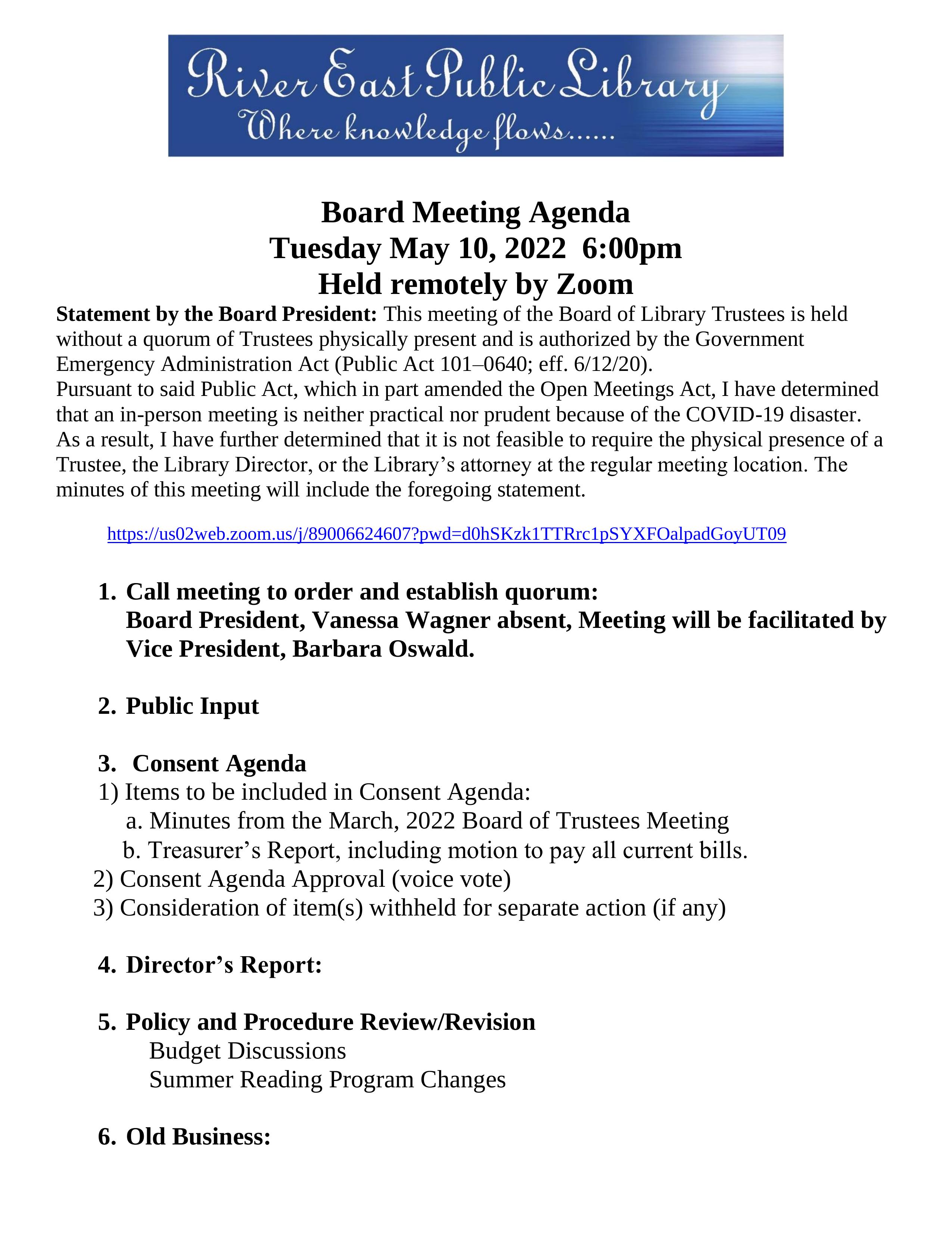 Agenda and minutes for May 2022 River East Board Meeting