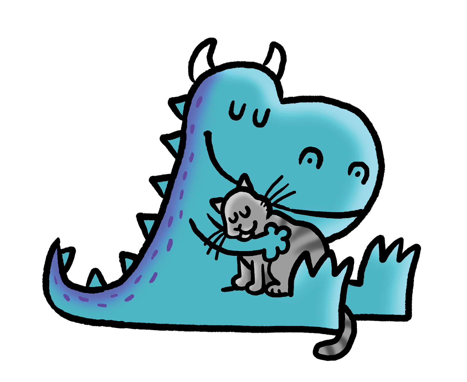 Drawing of blue dragon hugging a cat
