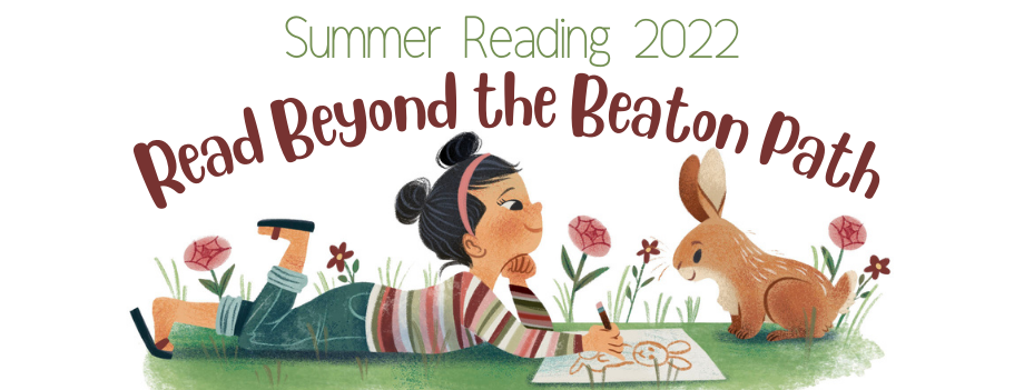 Read Beyond the Beaten Path Summer Reading 2022 Banner Illustration of girl drawing outside
