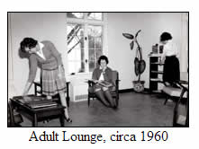 A black-and-white photograph of the adult lounge, circa 1960