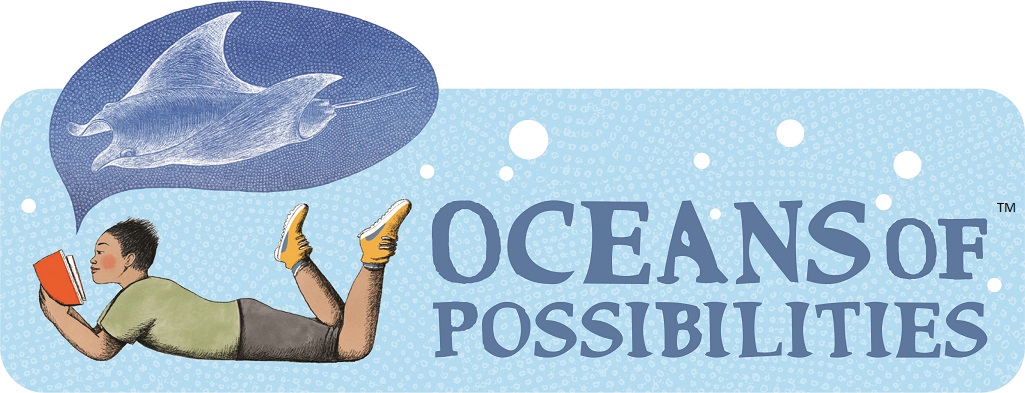 Oceans of possibilities logo - person laying on stomach reading a book with a thought bubble of a stingray