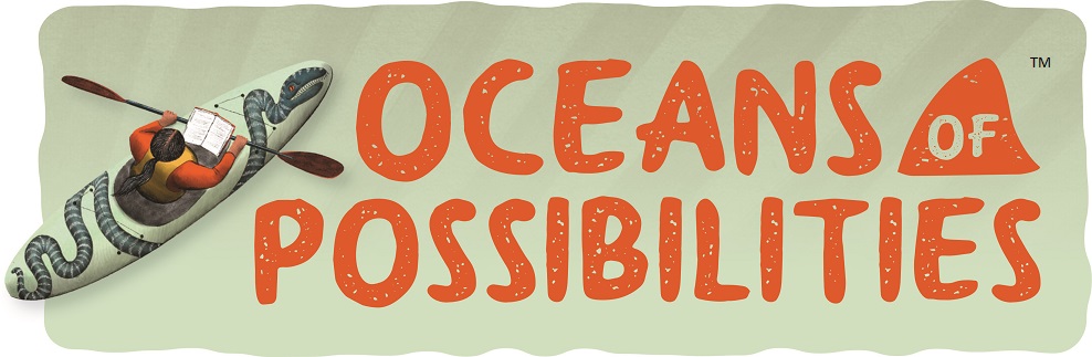Oceans Of Possibilities Logo - A young woman with black hair in a braid paddling a kayak with a snake design and a book in front of her, on a pale green background with the words "Oceans of Possibilities" in orange wavy text